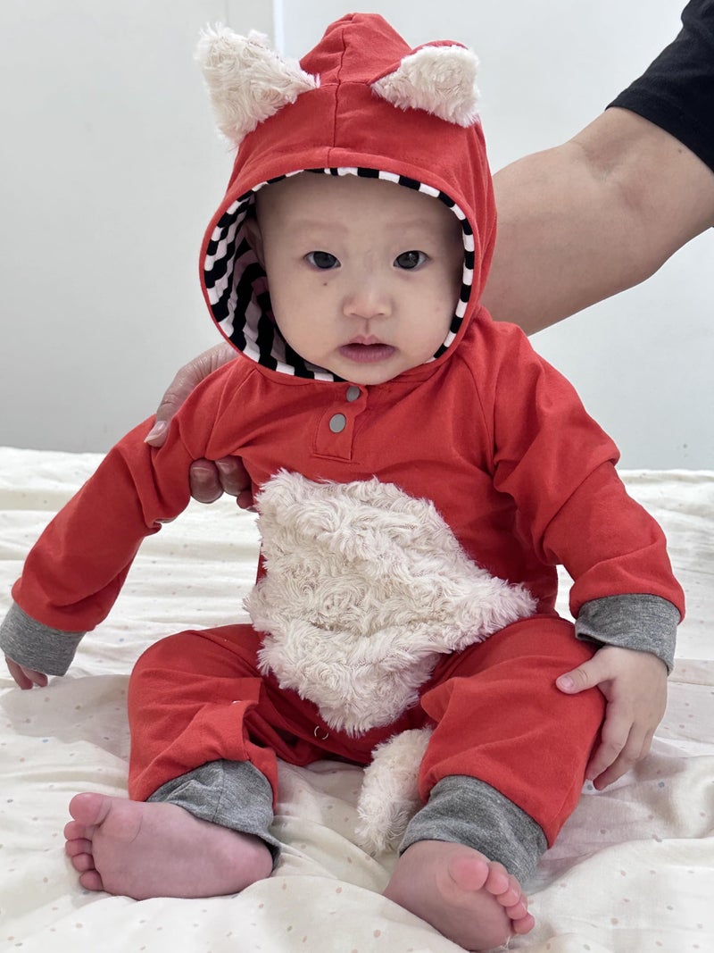 Noubeau Newborn Baby Girl Boy Halloween Cosplay Cartoon Clothes Fox Coat Fur Bodysuit Jumpsuit Hooded Playsuit Romper Overall Outfit (Orange, 3-6 Months) - Image 2